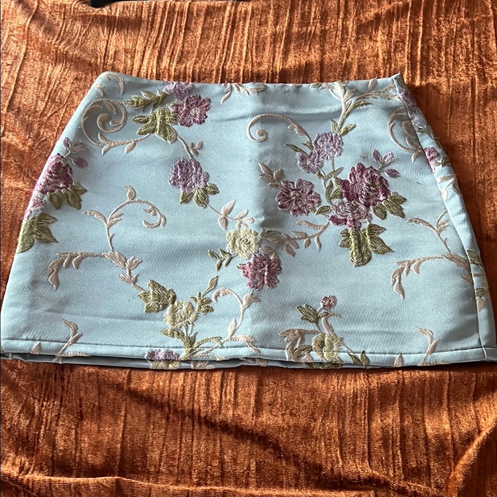AKIRA Floral Embroidered Mini Skirt in Light Blue